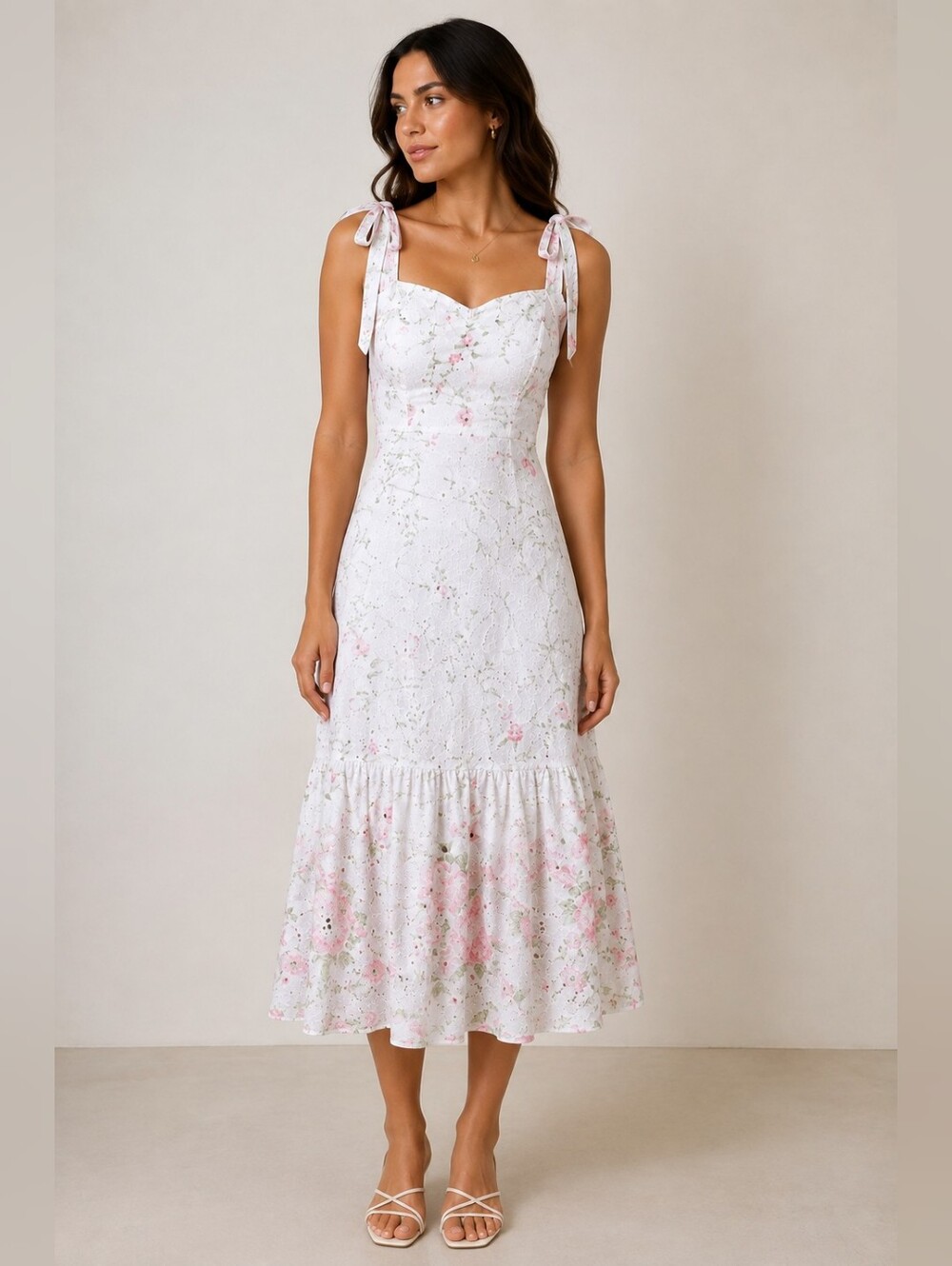 SHEIN | Floral White and Pink eyelet lace Dress Large